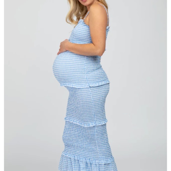Pinkblush Dresses & Skirts - NEW Pink Blush Blue Gingham Print Smocked Maternity Maxi size Small